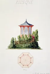 Entwurf für einen Pavillon im vereinfachten orientalischen Stil, aus einem Folianten mit Originalzeichnungen im klassischen und frühen Belle-Epoque-Stil, ca. 1870